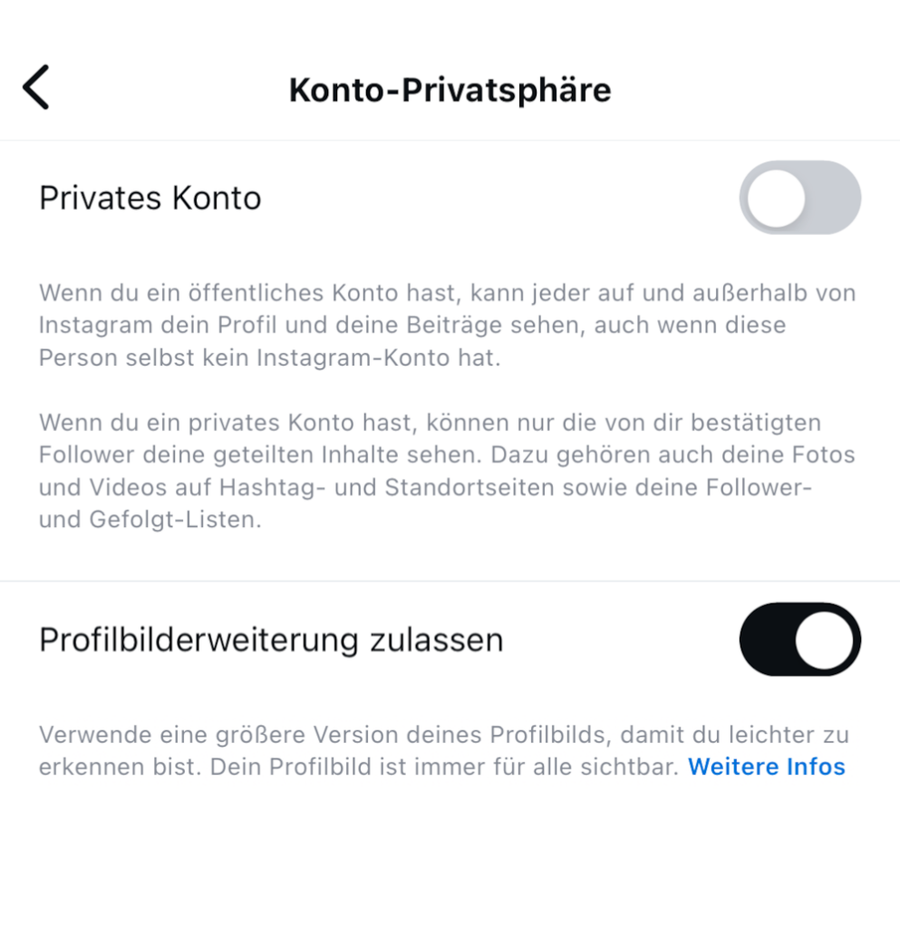 Screenshot Instagram Einstellungen