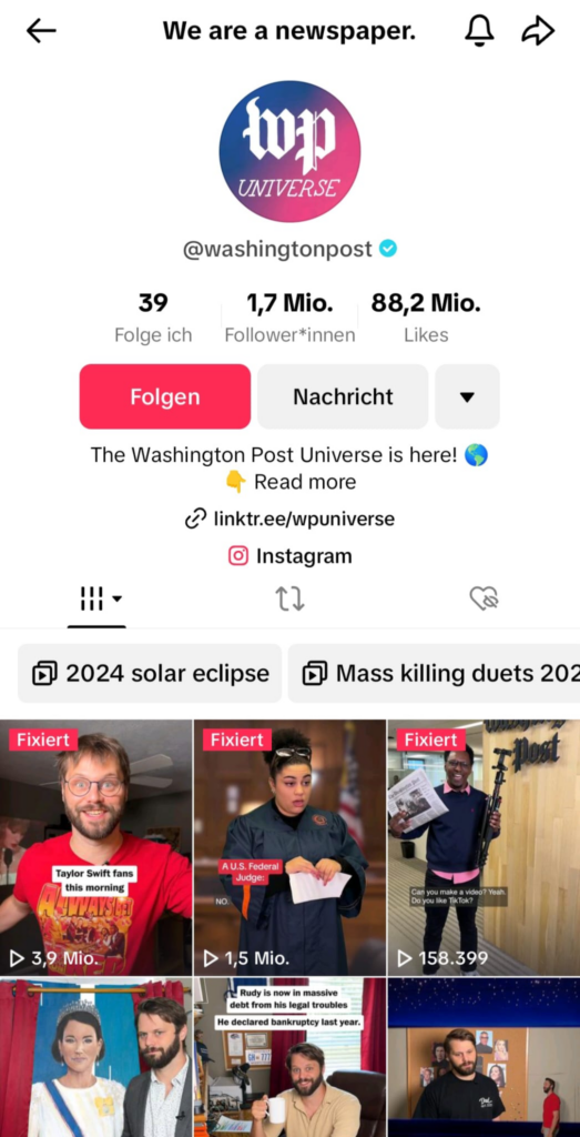 Der TikTok Account der Zeitung Washington Post